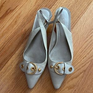 Talbots, beige leather kitten heels with gold buckles
